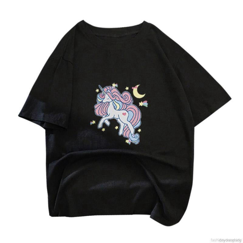 Women Round Collar Print Slim Short Sleeve T-Shirt Tops