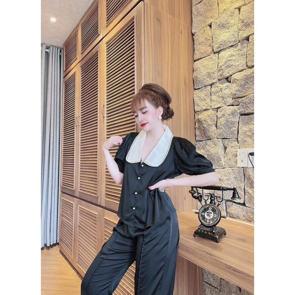 Bộ Pijama Quần Dài, Đồ Mặc Nhà Nữ Chất Lụa LATIN, Vải Đẹp, Bộ Ngủ Tay Ngắn Phối Lá Cổ Ren, Phom Dưới 56kg