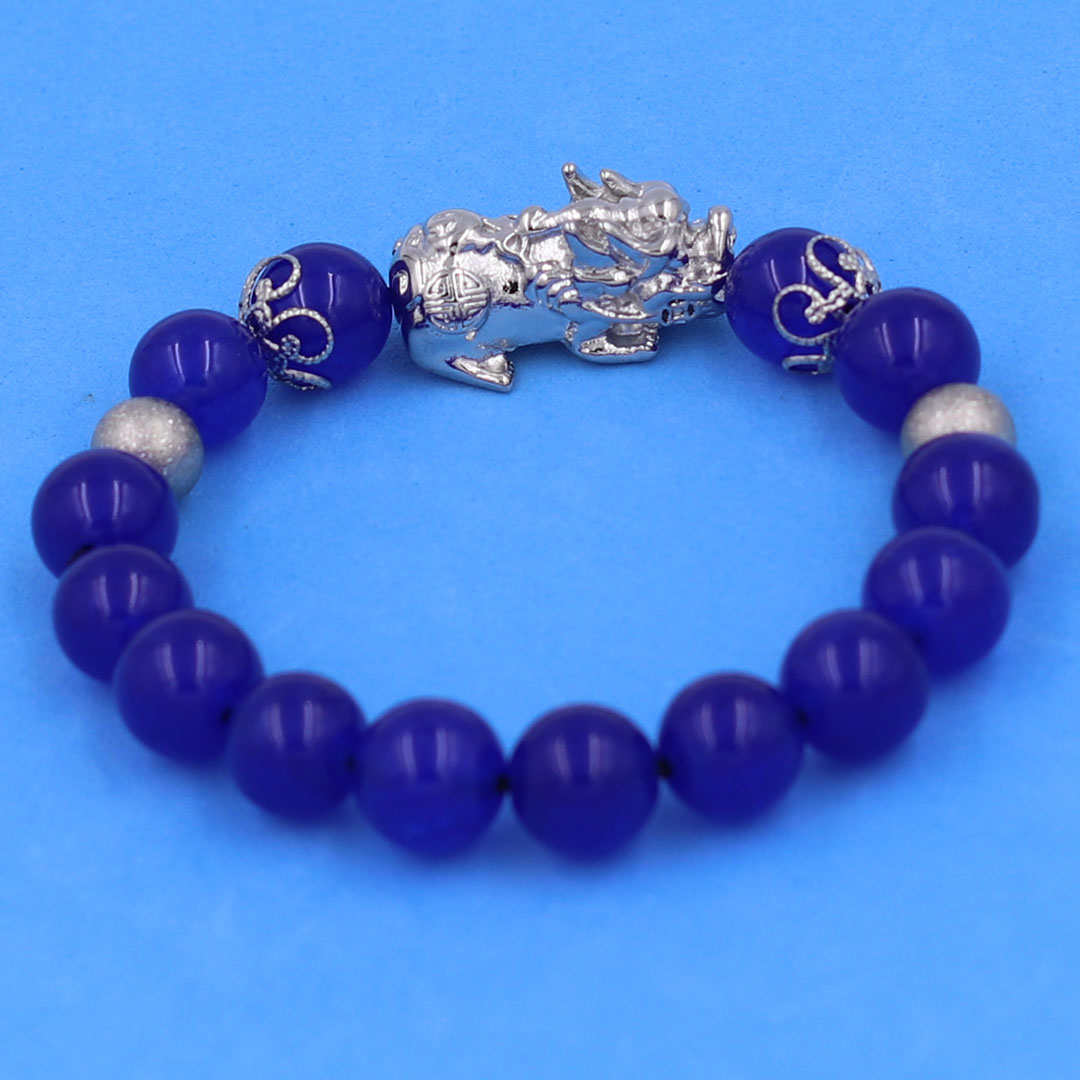 Vòng chuỗi đeo tay đá thạch anh xanh dương 10 ly charm tỳ hưu inox, bi inox, khía bông inox, vòng tay phong thuỷ, vòng tay tỳ hưu