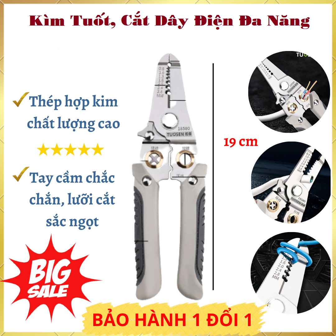 Kìm Tuốt Dây Điện, Bấm Cos Cắt dây Đa Năng Chất Liệu Thép Cao Cấp Điều Chỉnh Lực Tuốt Dây Dễ Dàng Có video thực tế