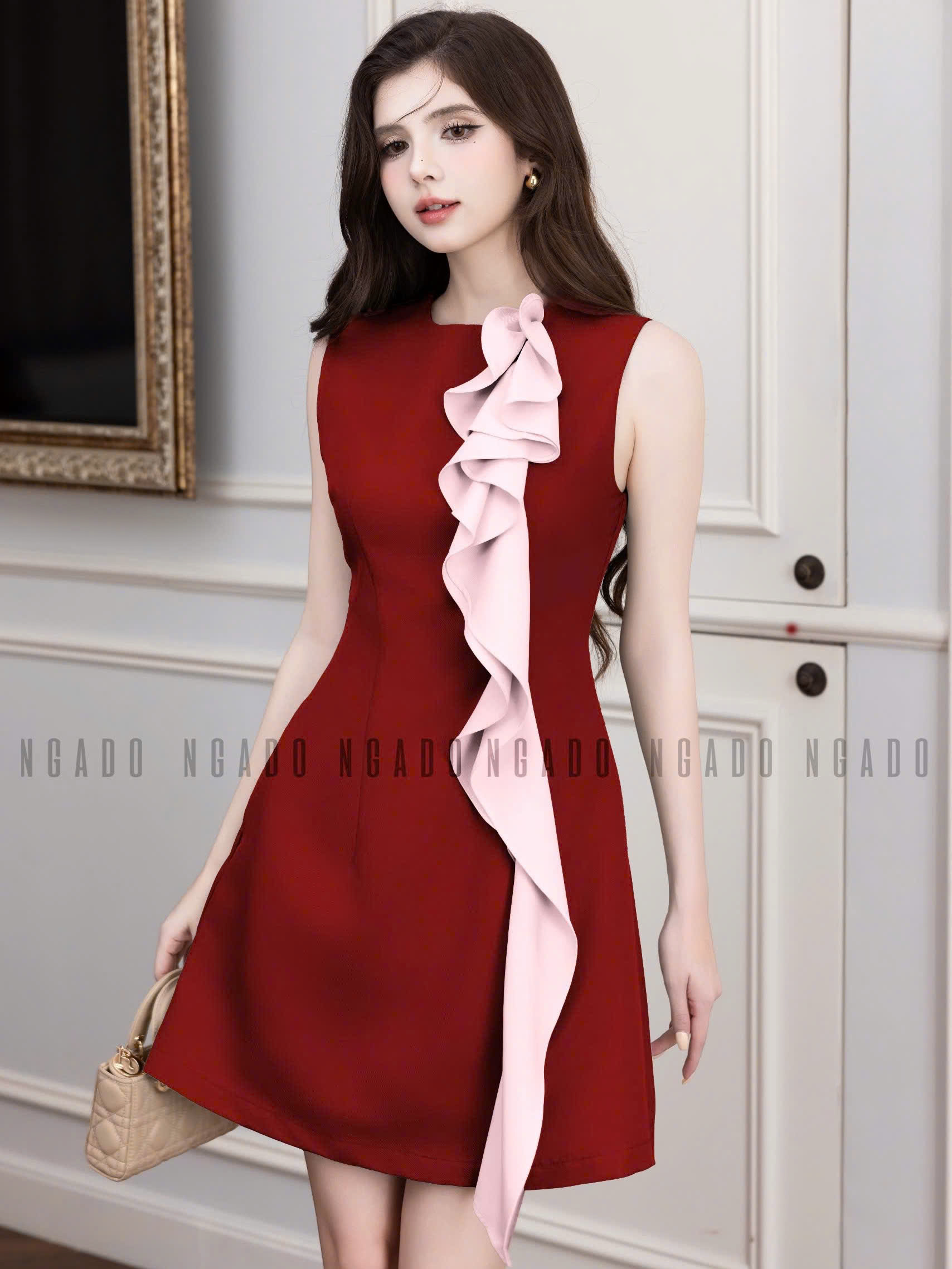 Đầm đỏ phối vạt hồng NGADO , đầm đỏ , đầm kiểu nữ , đầm dự tiệc