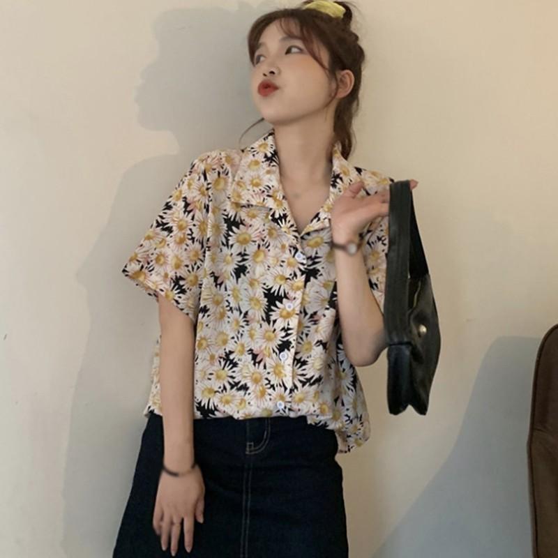 Áo Sơ Mi Tay Ngắn Cổ Bẻ Hoạ Tiết In Phong Cách Retro