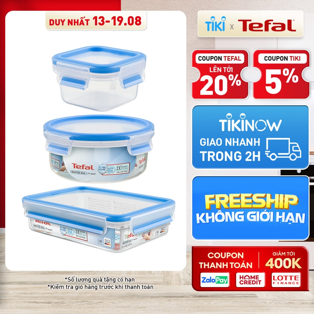 Bộ 3 hộp nhựa tròn, hộp nhựa vuông Tefal Masterseal Fresh 850ml, 0.2L, 1.2L - xanh