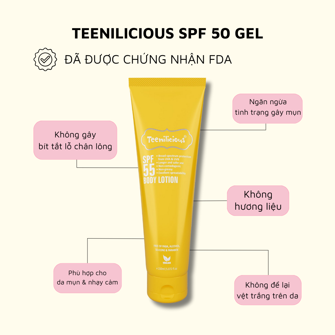 Sữa Dưỡng Thể Chống Nắng Teenilicious SPF55 Body Lotion, PA+++, Dành Cho Da Dầu Và Nhạy Cảm - 150ml