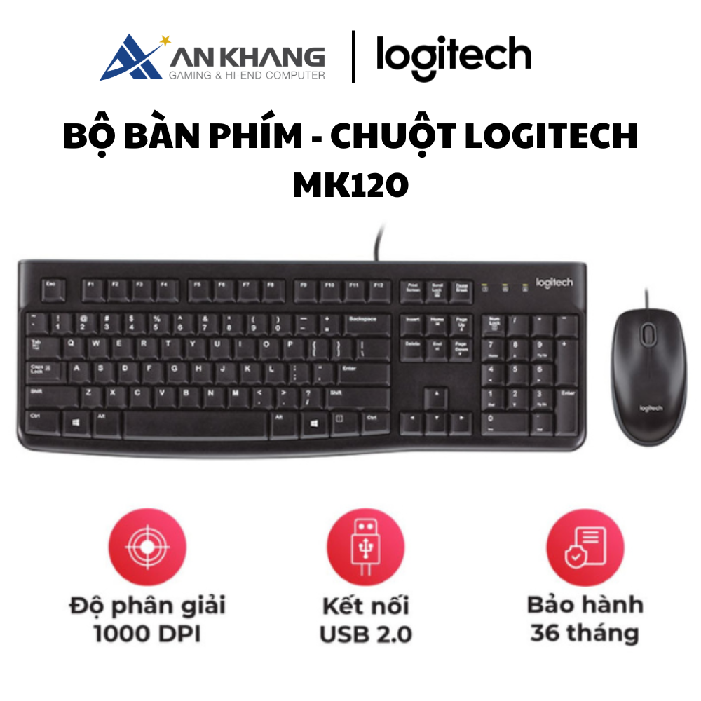 Bàn phím chuột có dây Logitech MK120 Thiết kế chống đổ tràn, có kích thước đầy đủ kèm bàn phím số, bền bỉ - Hàng Chính Hãng