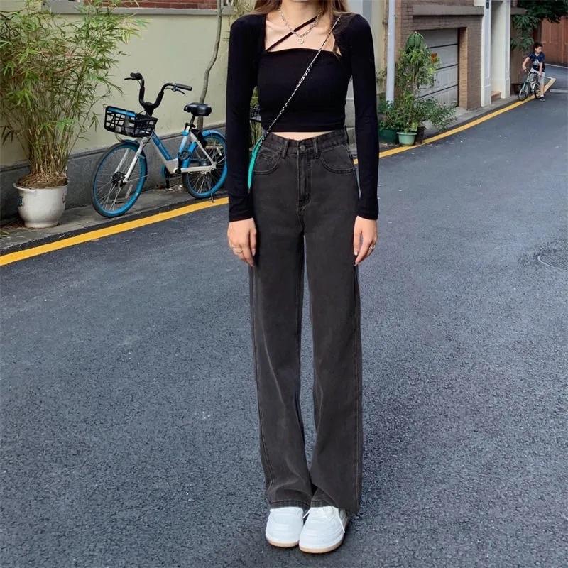 Quần Jeans Màu Đen Khói Nam Nữ Unisex Ống Suông Cạp Cao Chất Loại 1 Phong Cách Ulzzang Mặc Hàng Ngày Đi Học Đi Làm