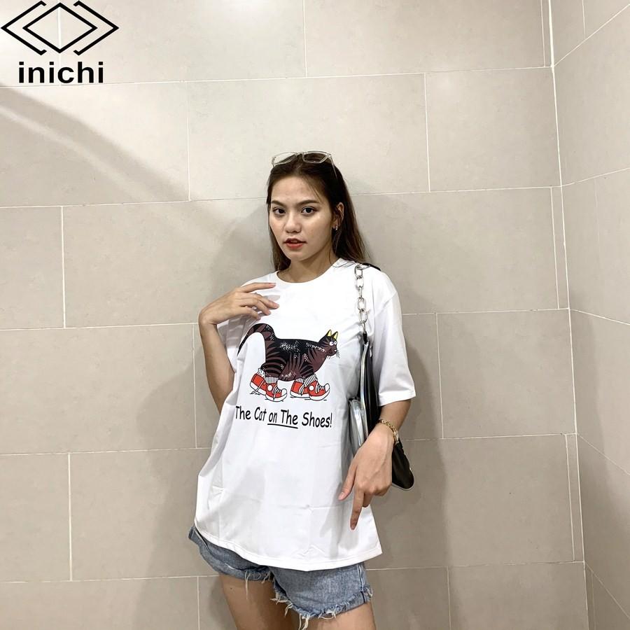 Áo thun unisex tay lỡ form rộng phong cách trẻ áo INICHI in hình chú mèo ngố mang giày - A651 màu trắng