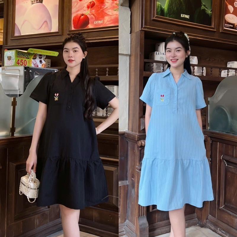 Đầm Bầu Công Sở Cổ Sơ Mi Phối Túi Thêu Phom Đuôi Cá Dễ Thương - Xanh sọc