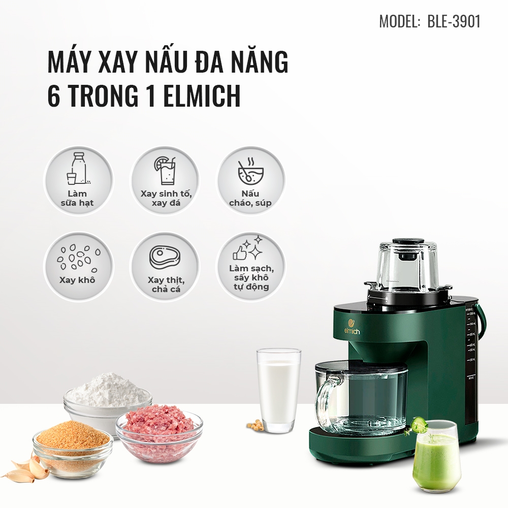 Máy Làm Sữa Hạt  Đa Năng 6 Trong 1 Elmich BLE-3901 Công Suất 1200W Hàng Chính Hãng