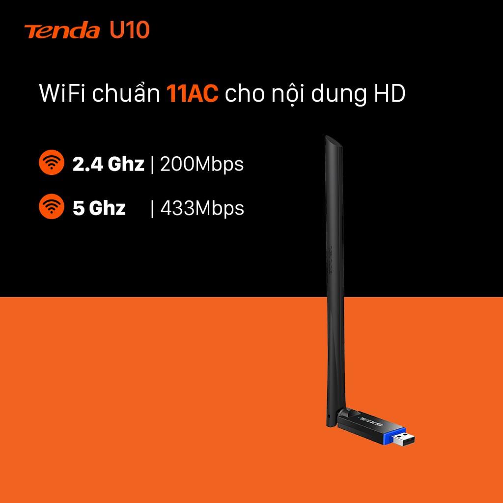 USB kết nối Wifi Tenda U10 chuẩn AC tốc độ 650Mbps - Hàng Chính Hãng Microsun Phân Phối