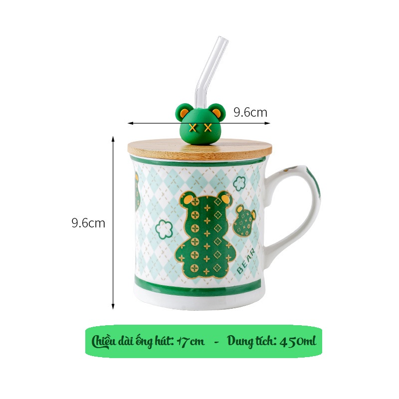 Ly gốm sứ hình Bearbrik có nắp gỗ và ống hút thủy tinh