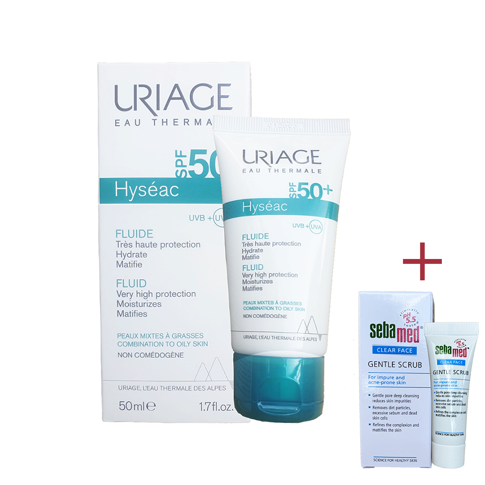 [Mẫu mới] Kem chống nắng dành cho da dầu Uriage Hyséac Flude SPF50+ 50ml + Tặng tẩy tế bào chết Sebamed 10ml