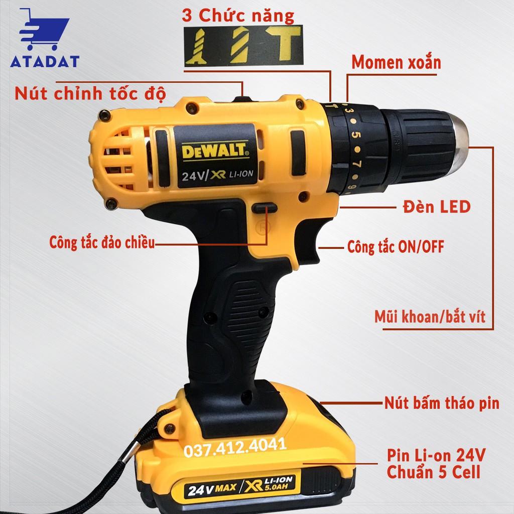 Máy Khoan Pin Cầm Tay Dewalt 24V Búa, Bắn Vít - TẶNG Phụ Kiên 22 Chi tiết - Máy Khoan 3 Chức Năng Búa - Khoan Bê Tông