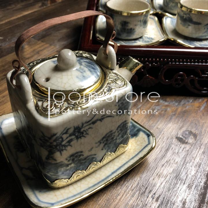 Ấm lẻ men rạn giả cổ bọc đồng gốm sứ