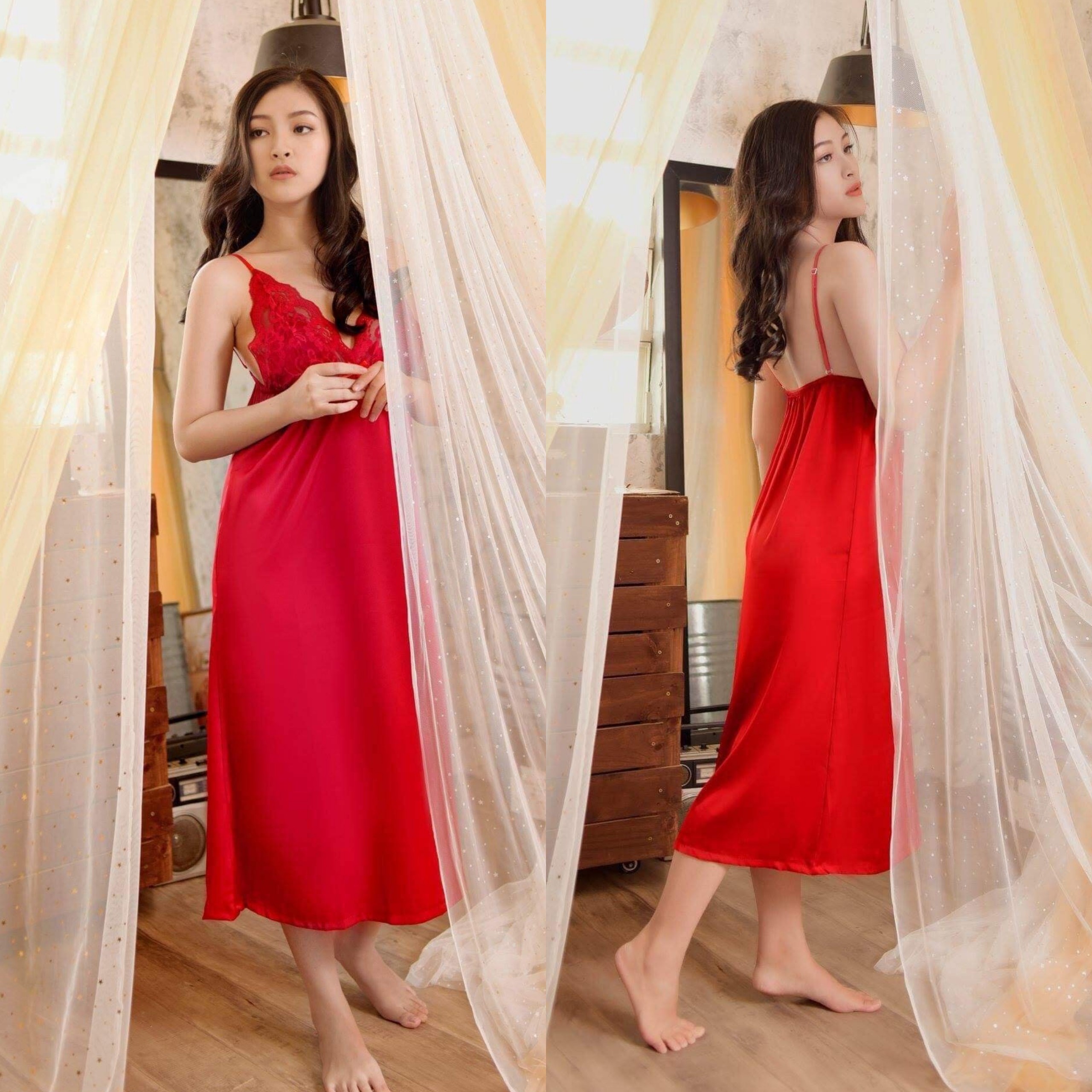 Váy ngủ lụa dáng dài phối ren xinh xắn sang trọng ĐỦ MÀU ĐỦ SIZE Hantu-002ELSA