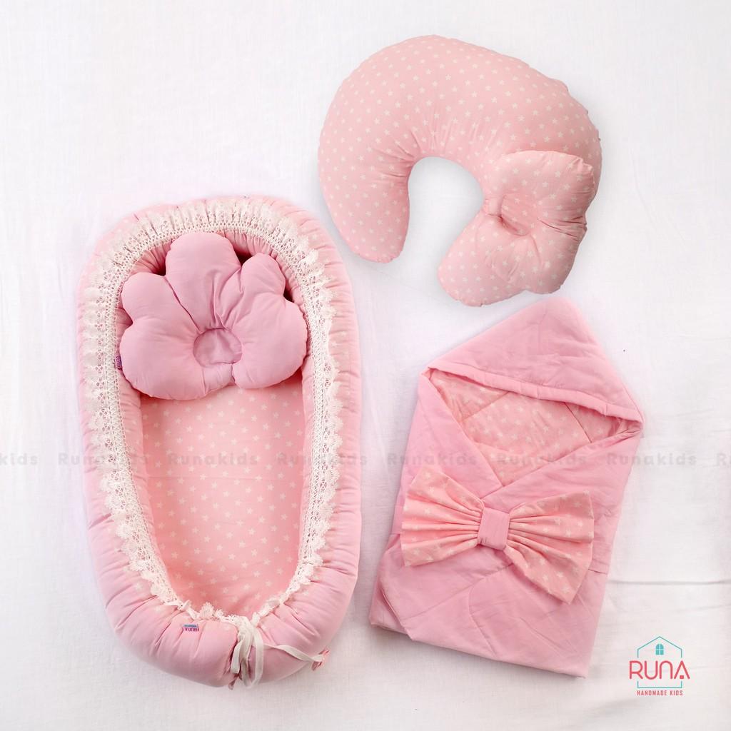 Combo nôi, gối chống bẹp đầu, gối chữ C và chăn bế RUNA KIDS hỗ trợ cho bé bú chất liệu Cotton Hàn cao cấp, mềm mịn