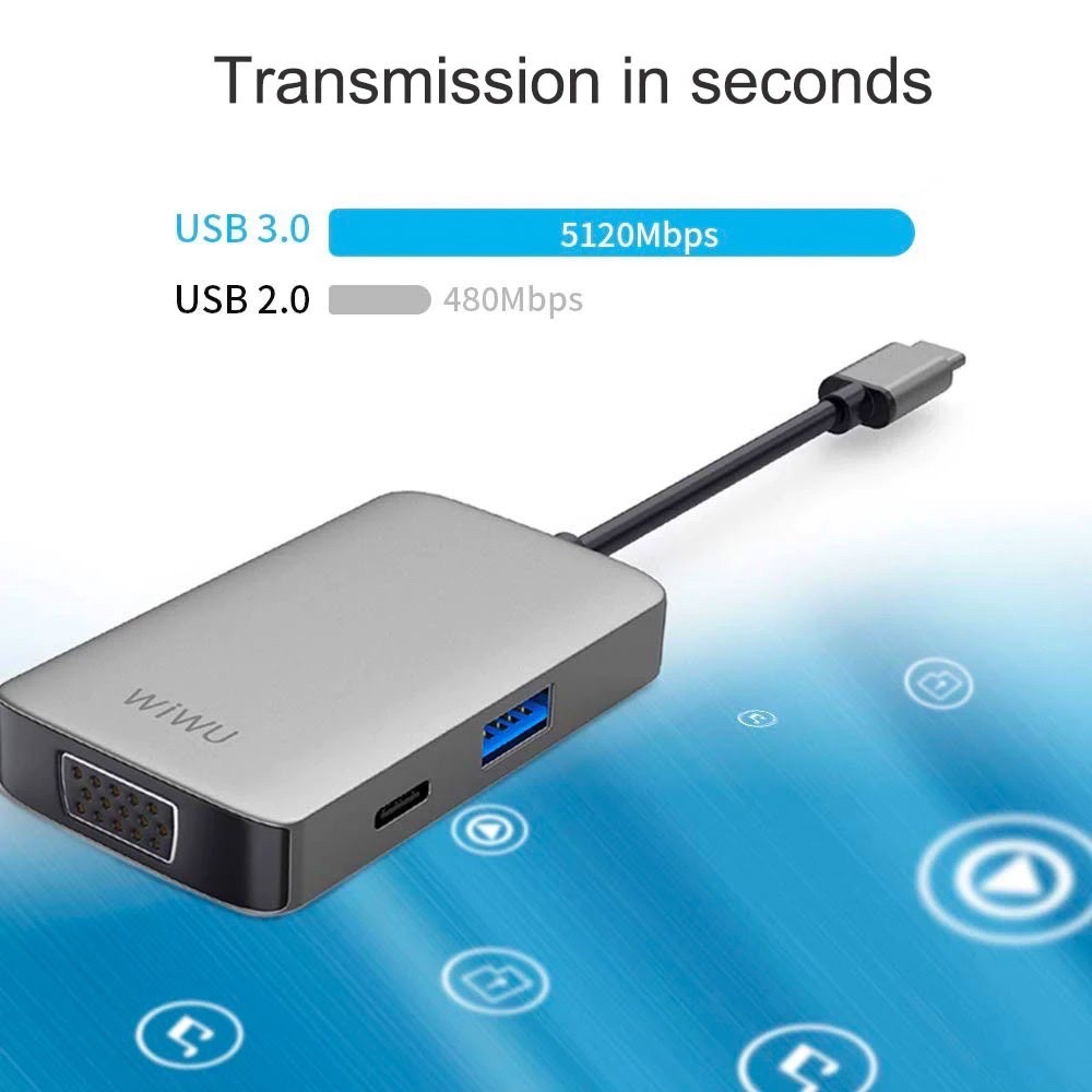 CỔNG CHUYỂN WIWU 5IN1 ALPHA USB-C Hub A513HVP HDMI 4K VGA USB 3.0 Jack 3.5mm PD 87W Hỗ Trợ Cho Các Dòng Ipad Pro, Macbook, Smartphone Chất Liệu Vỏ Nhôm Nguyên Khối Cao Cấp - Hàng Chính Hãng