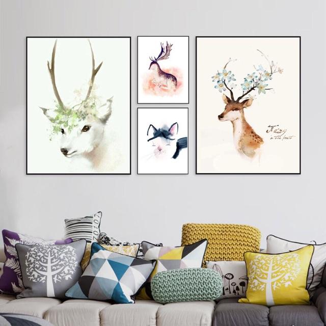 Bộ 4 tranh canvas Nai sừng tấm và mèo dễ thương
