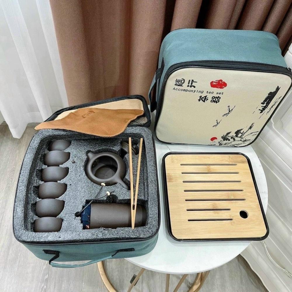 Bộ ấm chén uống trà Tử Sa du lịch 6 chén 12 món kèm khay đựng kèm túi đựng cao cấp,thiết kế sang trọng làm quà biếu tặng