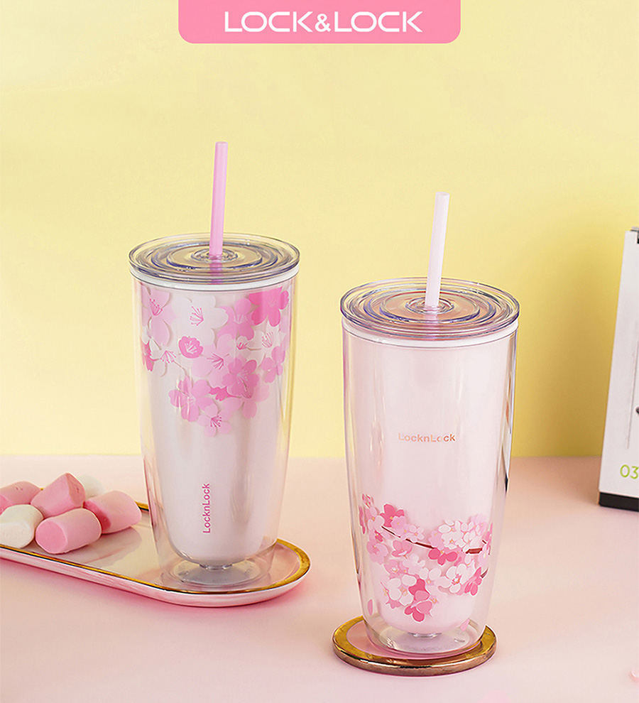 Ly Nhựa 2 Lớp LocknLock Double Wall Cold Cup Cherry Blossom 750ml HAP509WHT - Màu