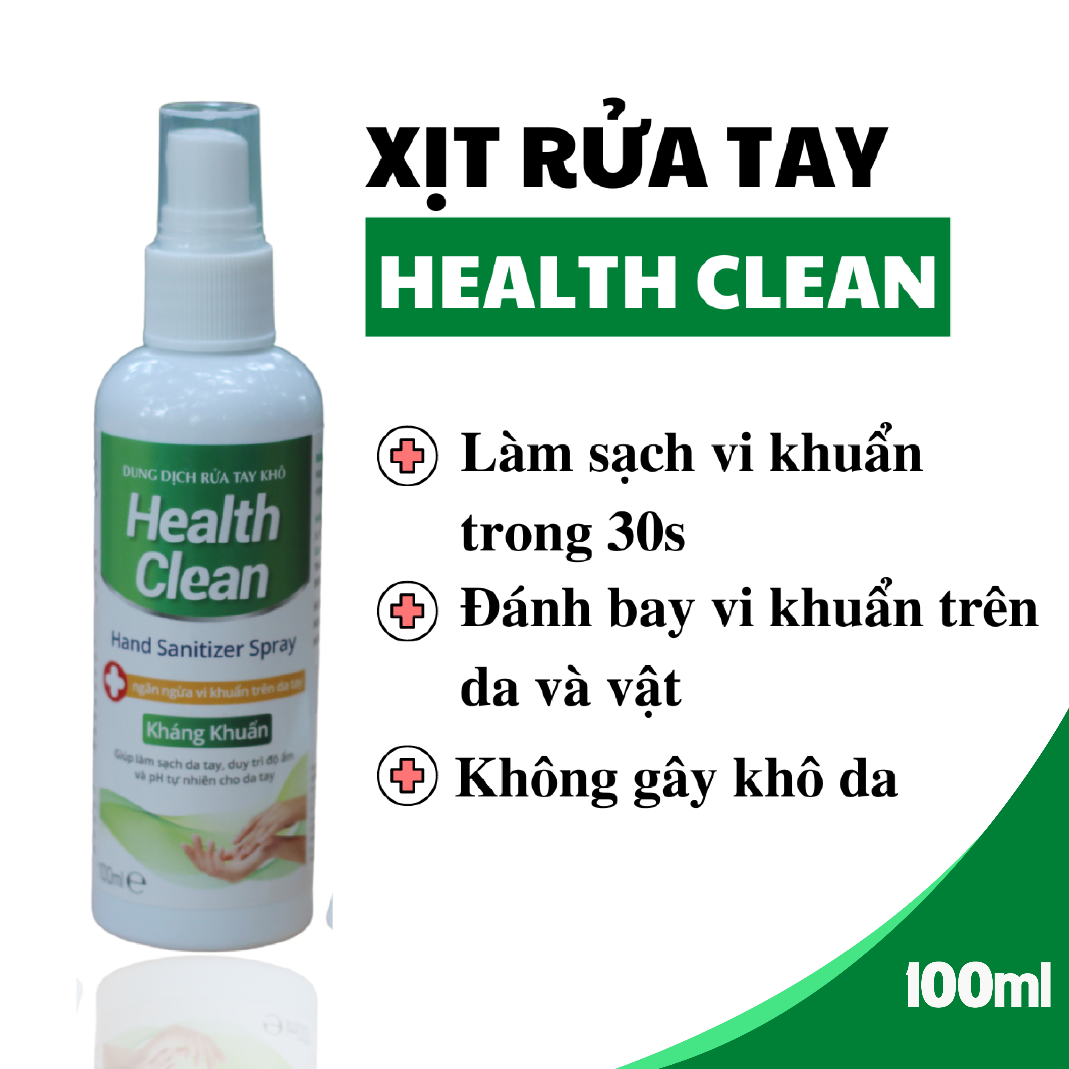 Chai xịt rửa tay khô hương quế Health Clean 100ml diệt 99.9% vi khuẩn làm sạch, mềm da