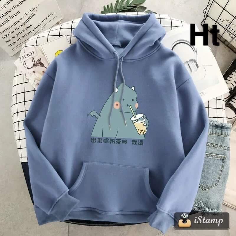 Áo hoodie khủng long hút trà sữa H26