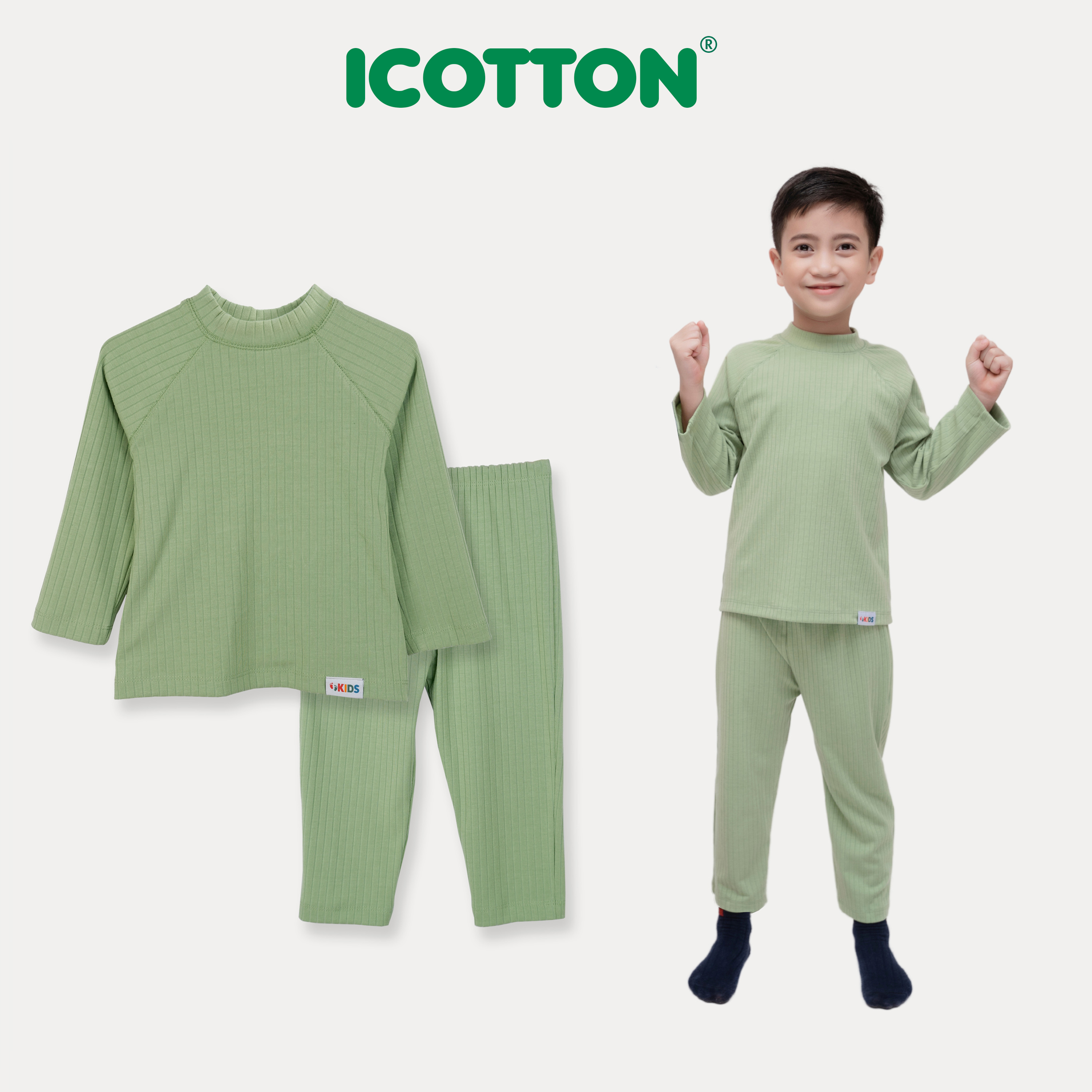 Bộ giữ nhiệt icotton cho bé từ 1 đến 10 tuổi màu Xanh cốm