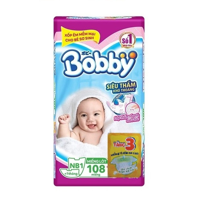 Miếng Lót Sơ Sinh Bobby Fresh Newborn 1 - 108 (108 Miếng) + 3 Miếng Tã Dán Bobby Xơ Sinh