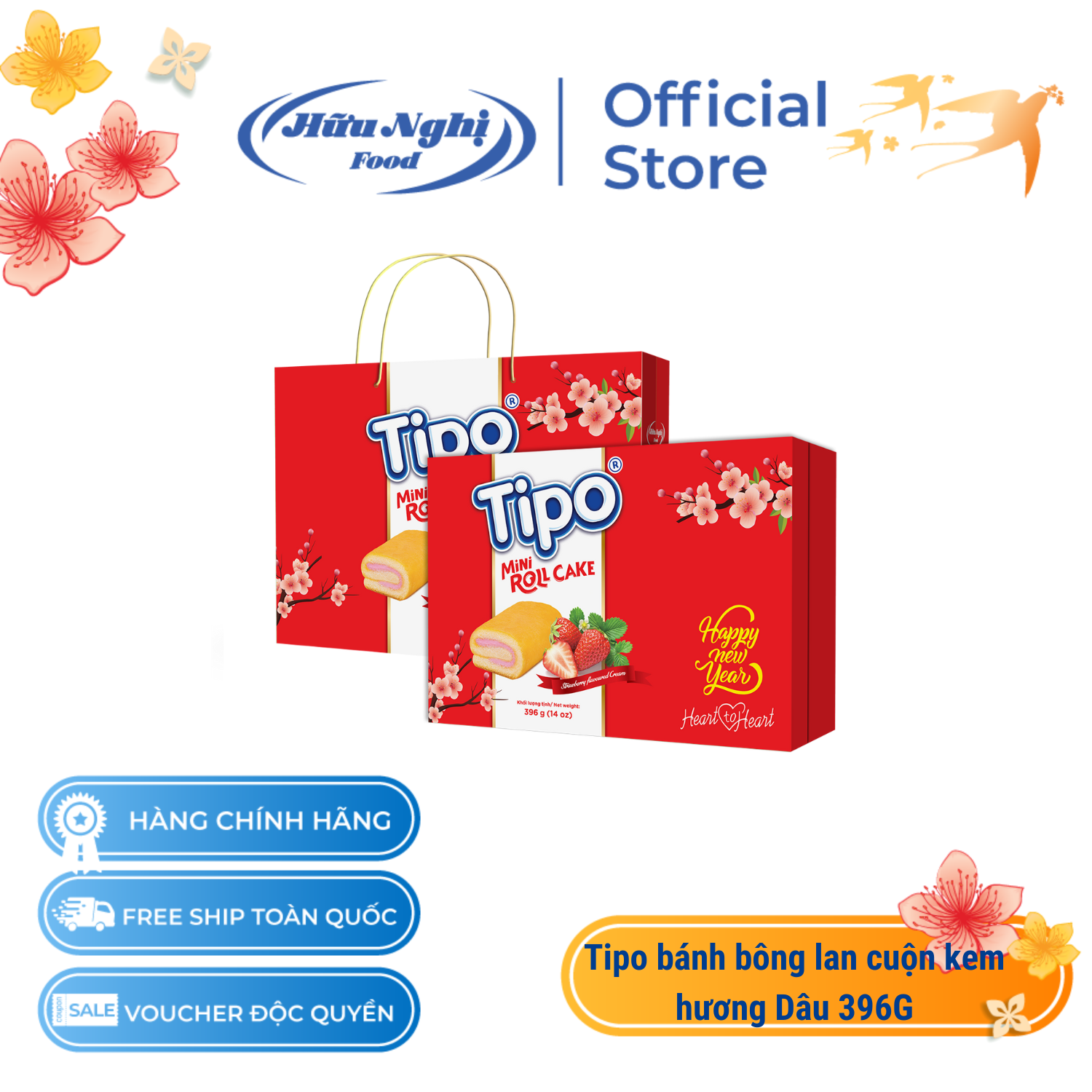 Hộp Bánh Tết TIPO Miniroll Cake Hương Dâu 396gr