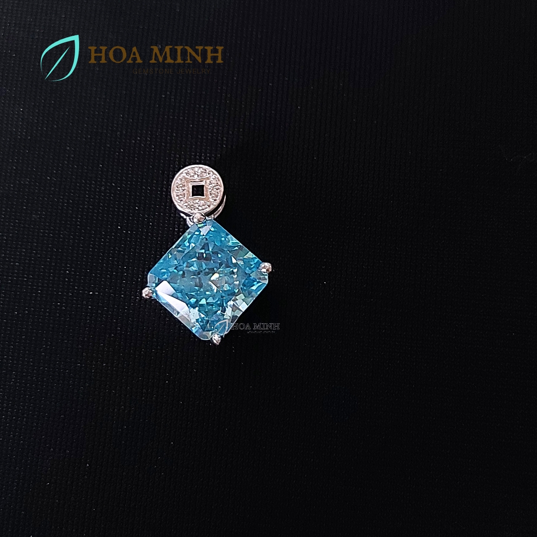 Mặt dây chuyền xoàn Nam Phi xanh biển aqua vuông size 10 li khoen kim tiền bạc nguyên chất