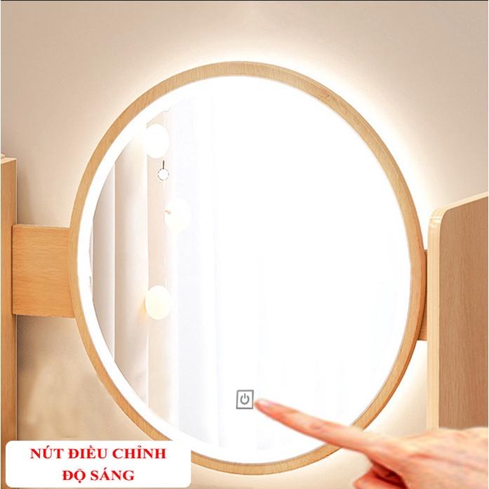 Bàn trang điểm gỗ HOLI có gương LED AK01 cảm ứng, kèm sạc, chân cao