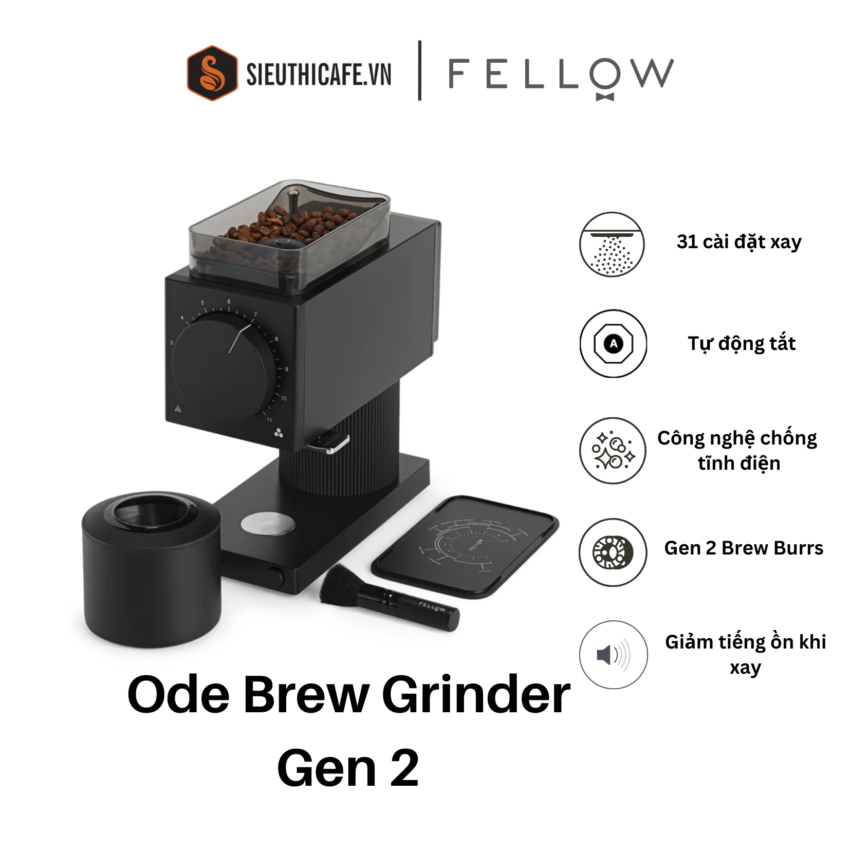 Máy xay cà phê Fellow Ode Gen 2 thế hệ mới chuyên dùng cho Brew - Màu đen - Bảo hành chính hãng 2 năm .