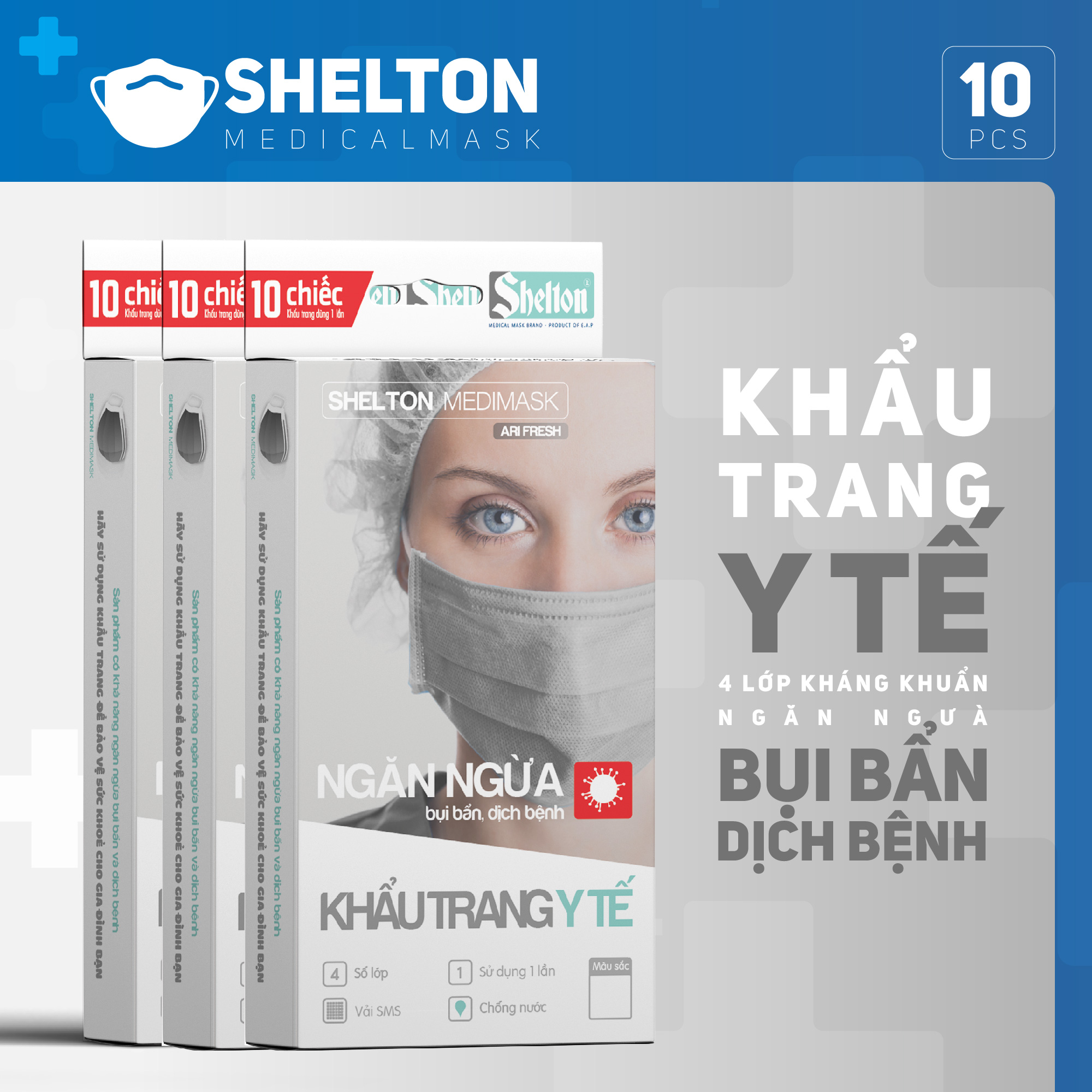 Khẩu trang y tế kháng khuẩn 4 lớp Shelton Medimask Arifresh hộp 10 chiếc,khẩu trang kháng khuẩn 4 lớp dành cho người lớn,khẩu trang 4 lớp mềm mại có vải kháng khuẩn ngăn ngừa bụi bẩn,vi khuẩn sử dụng 1 lần