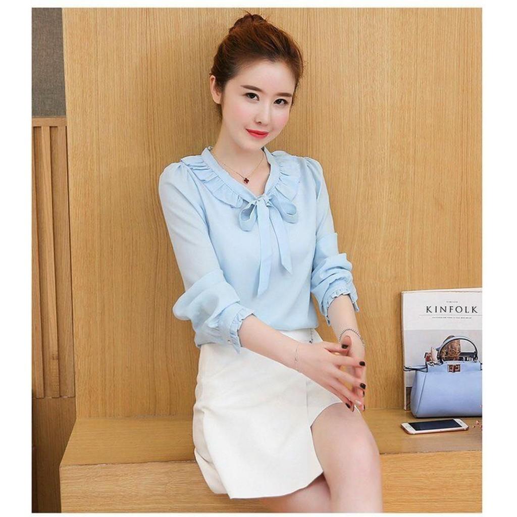 Áo công sở tay dai cổ xếp bèo cột nơ xanh