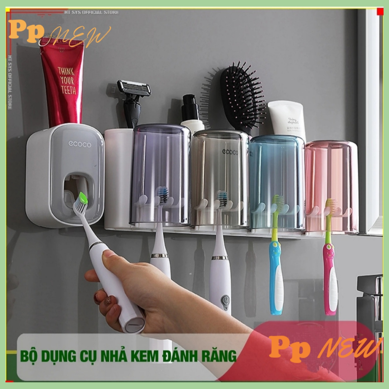 Bộ dụng cụ nhả kem đánh răng tự động 4 cốc và giá treo bàn chải đa năng PHT SUS-ECOOO-E1922-chất liệu ABS cao cấp