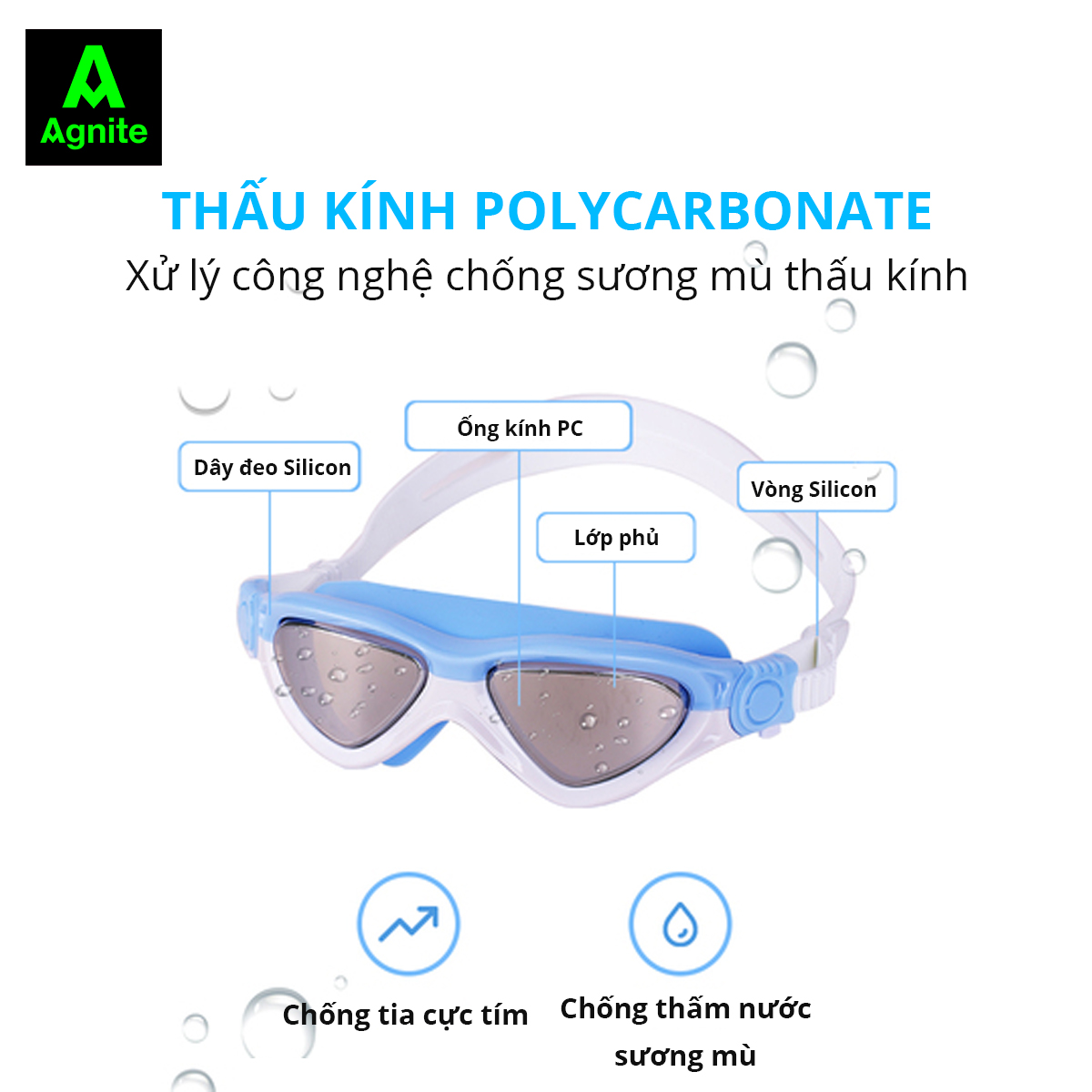 Kính Bơi Trẻ Em Bé Trai Bé Gái Chống Sương Mù Bảo Vệ Mắt Kèm Nút Tai Túi Đựng Agnite - Dây Đeo Silicone Mềm Mại, Thoải Mái - Phù Hợp Cho Bé - F6140