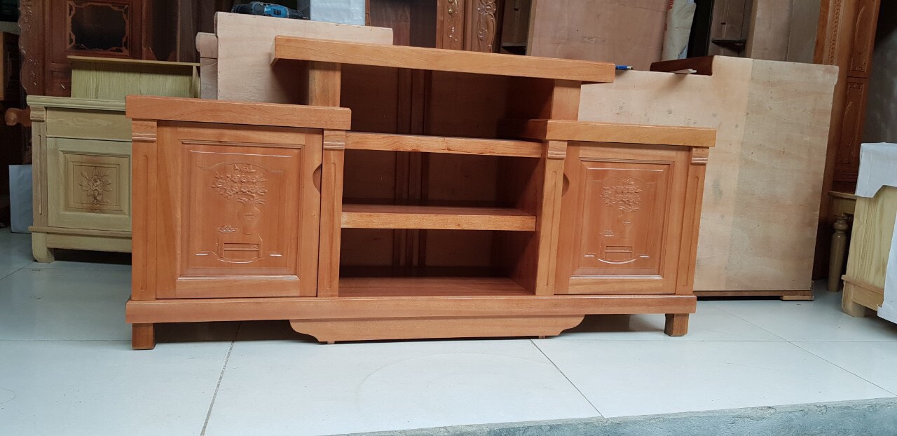 Kệ tivi dài 1,6m gỗ xoan đào kiểu mâm màu cánh gián KMX16 vân gỗ tự nhiên, phun PU tỉ mỉ không cong vênh, không mối mọt