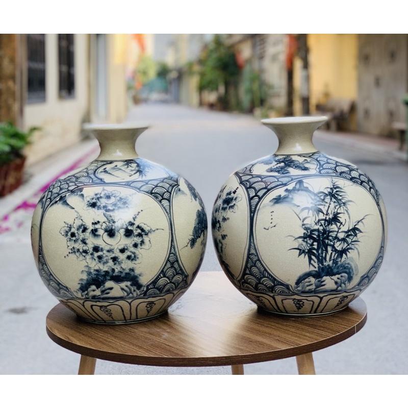 Bình tài lộc H36cm,men rạn cổ, họa tiết bổ khung tứ cảnh”Xuân- Hạ- Thu- Đông”. Gốm sứ Bát Tràng.