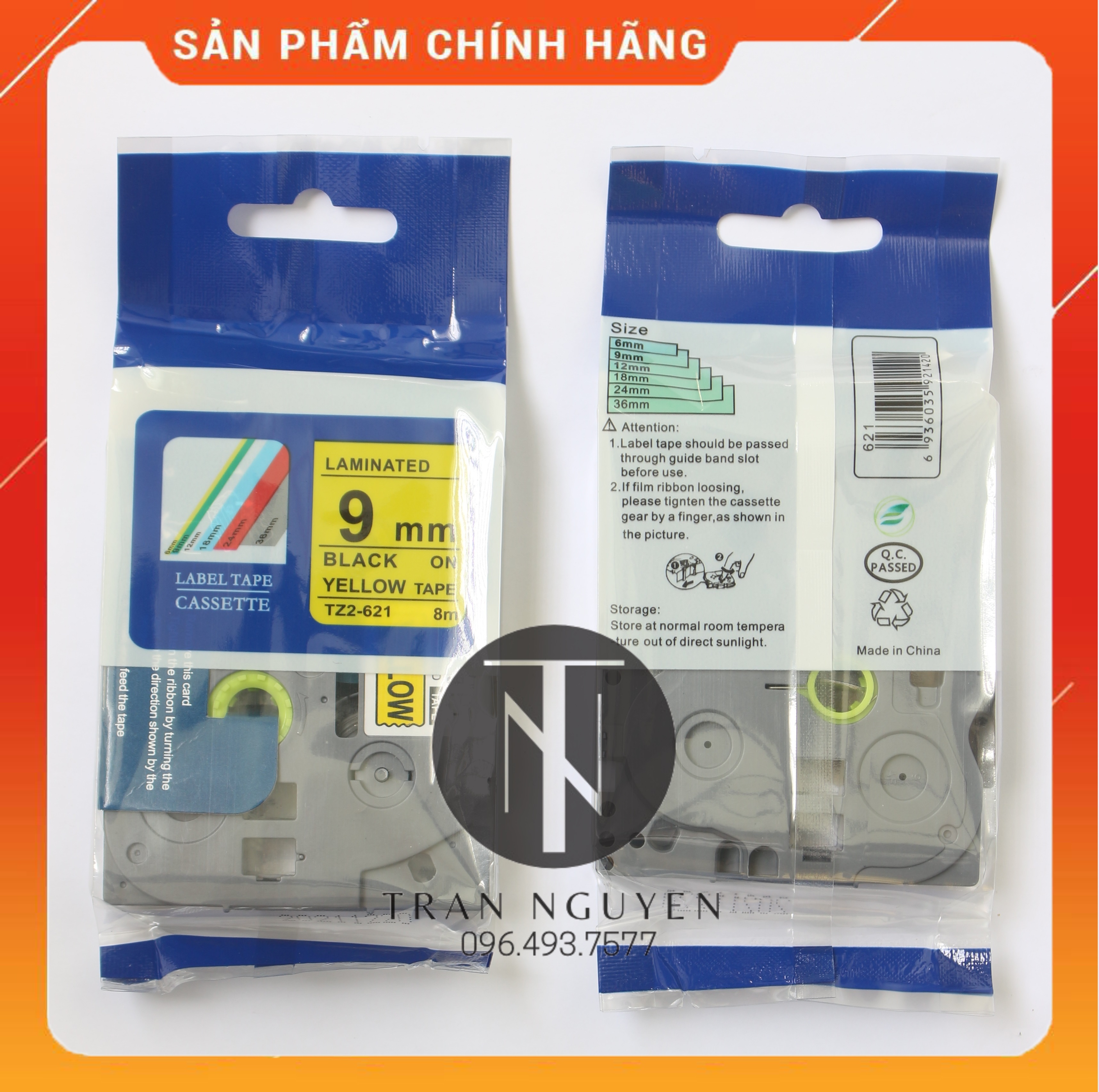 [Combo 5 hộp] Nhãn In đa lớp Tz2-621 - Đen nền vàng 9mm x 8m - Hàng nhập khẩu