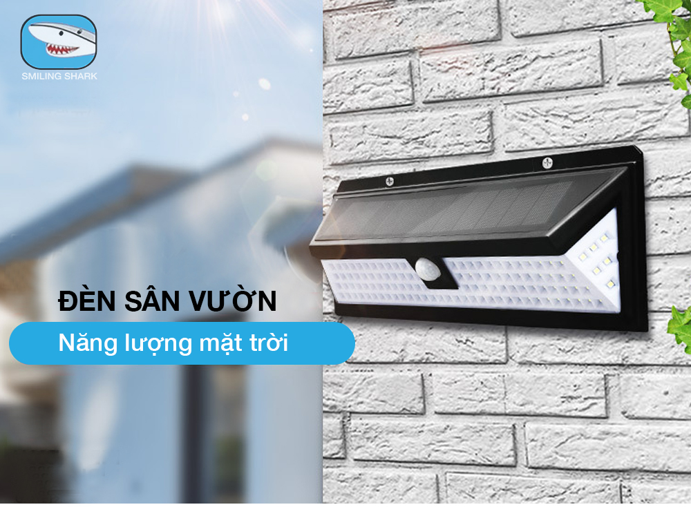 Đèn Led năng lượng mặt trời Smiling Shark siêu sáng, công nghệ chống bức xạ có hại, cảm ứng hồng ngoại thông minh 3 chế độ, chống nước IP65, thắp sáng sân vườn, trụ cổng, lối đi ngoài trời - Hàng chính hãng