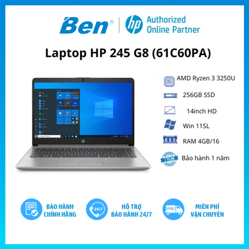 Laptop HP 245 G8 61C60PA (R3-3250U/4GB/256GB SSD/14HD/VGA ON/WIN11/Silver) - Hàng Chính Hãng