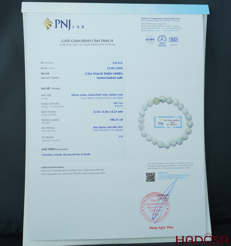Vòng cẩm thạch trắng lí 8mm đá tự nhiên có giấy kiểm định sang trọng thanh lịch sức khỏe làm đẹp cho nữ