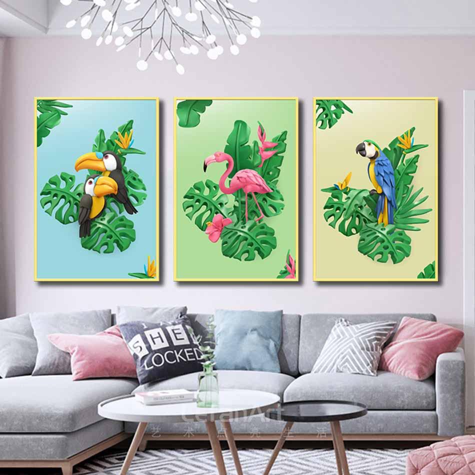 Bộ 3 tranh canvas treo tường Decor Họa tiết hoa lá, hồng hạc và vẹt dễ thương – DC135