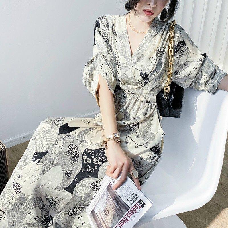 (sẵn-ảnh chụp)MAXI CỔ V TAY LỬNG HỌA TIẾT SANG TRỌNG