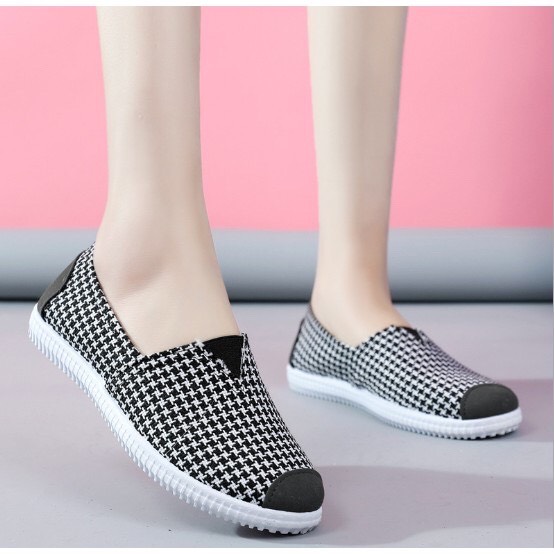 Giày lười slip on nữ bọc cói vintage kẻ caro xinh xắn-GL4