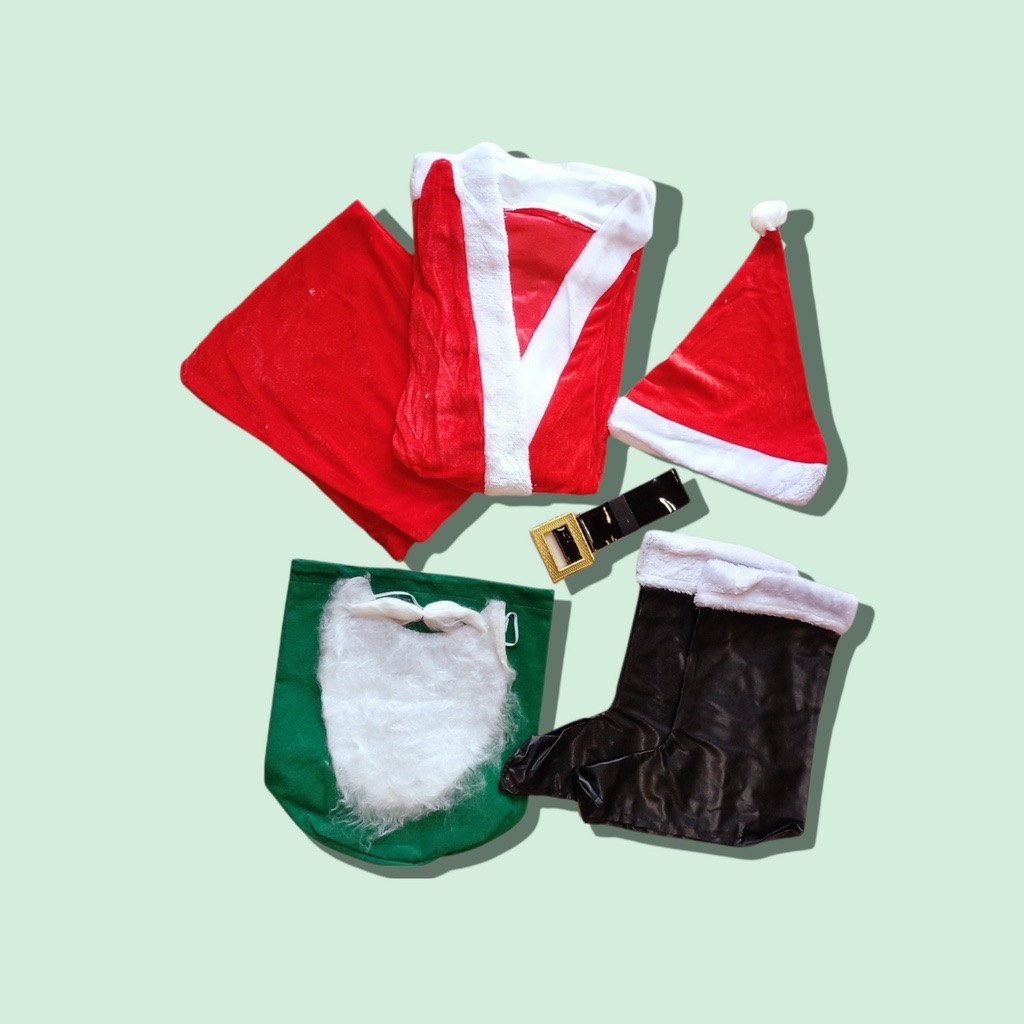 Bộ Quần Áo Ông Già Noel Vải Nhung Đầy Đủ Chi Tiết Bộ 7 Món