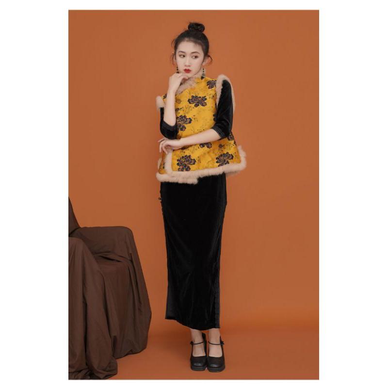 Sẵn hàng Sườn xám nhung đen tay nỡ phối viền ren cực đẹp nữ tính trung hoa cổ trang