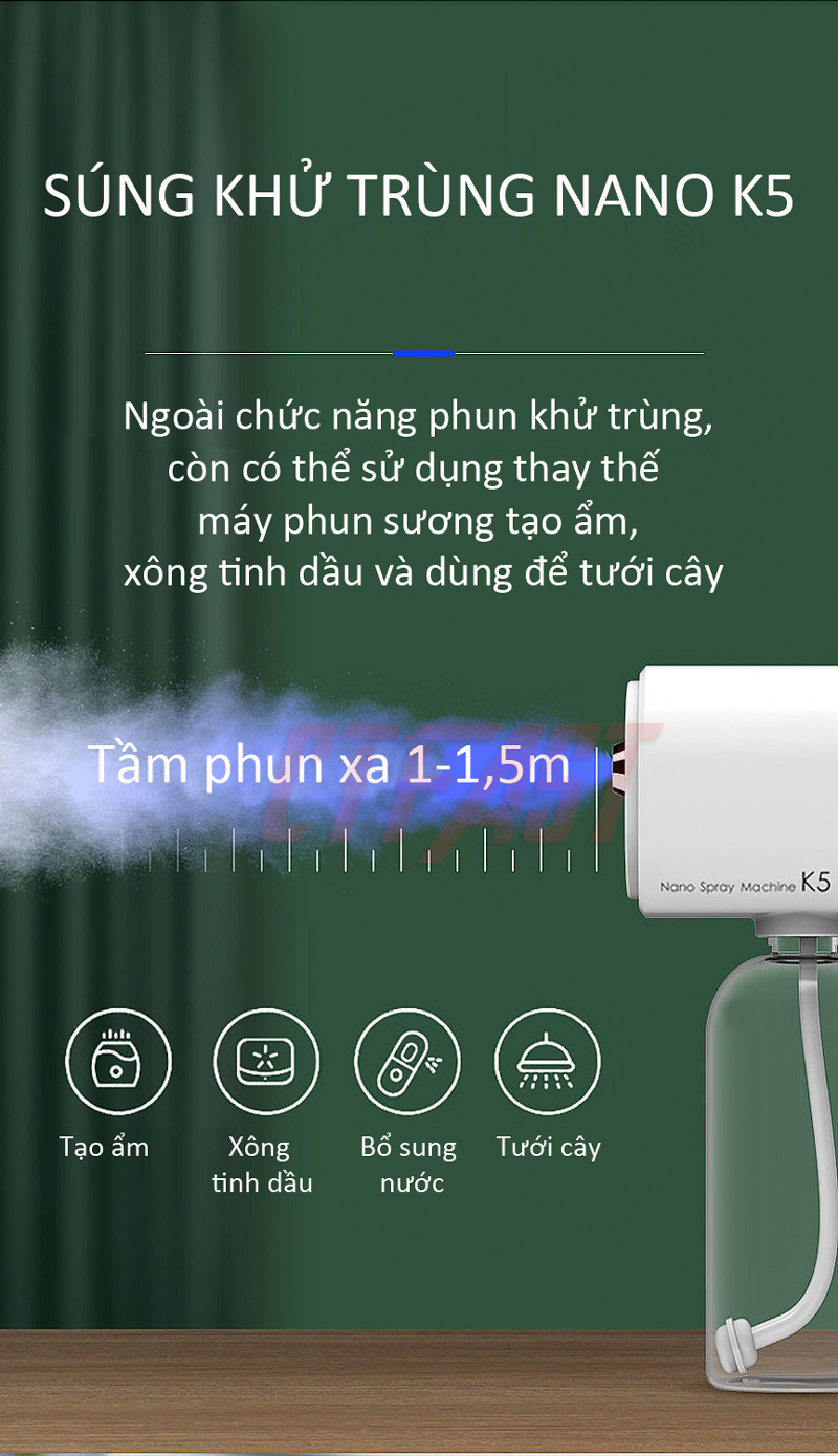 Thiết bị phun khử trùng nano cầm tay CTFAST - 05 : Máy phun khử trùng gia đình tích điện không dây kết hợp ánh sáng xanh an toàn, khử trùng, diệt khuẩn, đuổi muỗi