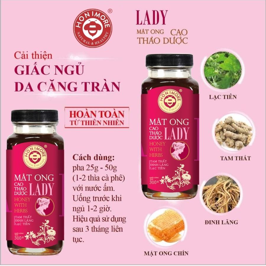 Combo 2 chai Mật ong cao thảo dược Lady giúp ngủ ngon Honimore 310g tặng 1 chai cùng loại - mật ong rừng nguyên chất phối trộn với cao thảo dược