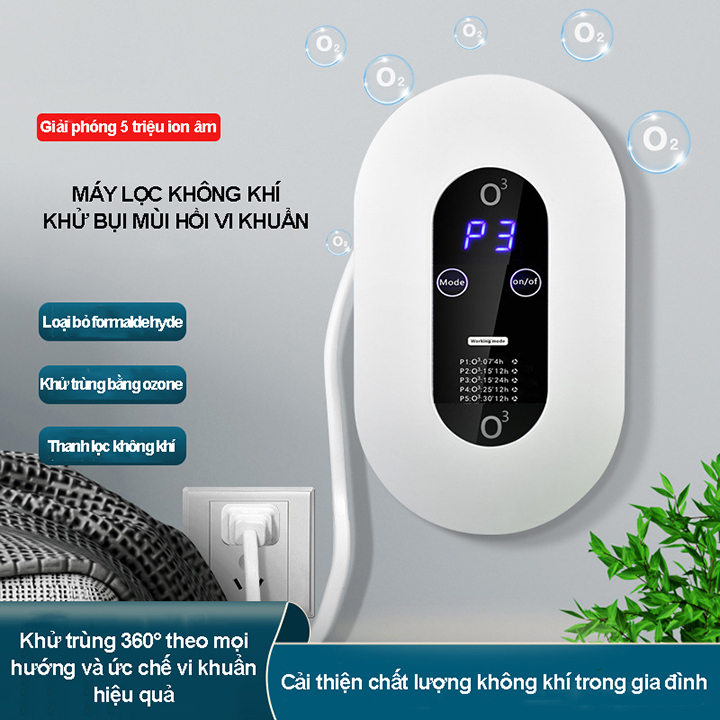 Máy lọc không khí khử bụi mùi hôi tạo bằng ozone và ion âm cho gia đình công suất 5W, 4 chế độ lọc khí